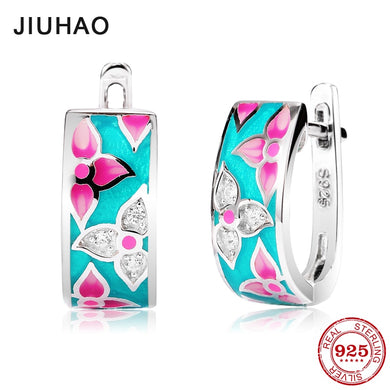New Pink and Sparking Zircon Flowers for women Authentic 925 Sterling Silver Fashion Stud Earrings Party Jewelry Enamel