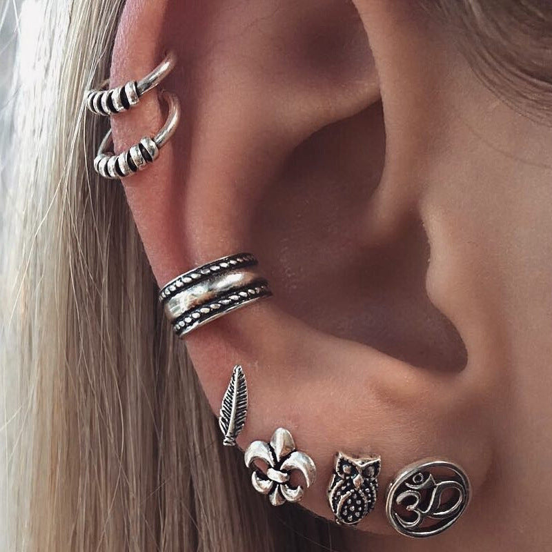 New Punk Animal Round Arrow Leaf Stud Earrings Set Vintage Silver Color Small Ear Cuff Earrings For Women Jewelry