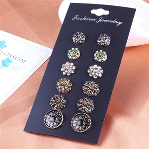 New Punk Bohemia 6 Pairs/lot Round Rhinestone Alloy Stud Earrings For Women Mixed Style Fashion Stud Nail Jewelry Wholesale