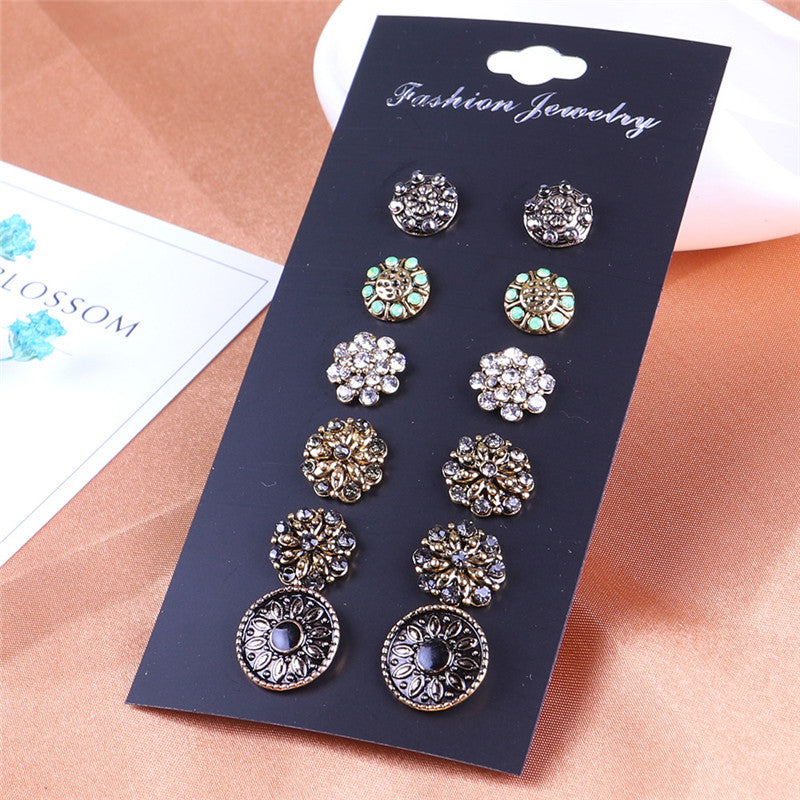 New Punk Bohemia 6 Pairs/lot Round Rhinestone Alloy Stud Earrings For Women Mixed Style Fashion Stud Nail Jewelry Wholesale