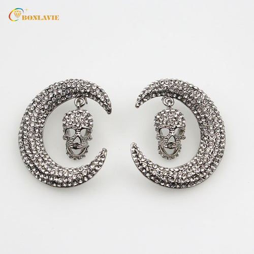 New Punk Gothic Brincos Boucle Bijoux Exaggeration Moon Skeleton Stud Earrings Crystal For Women Girl Jewelry Halloween Gift