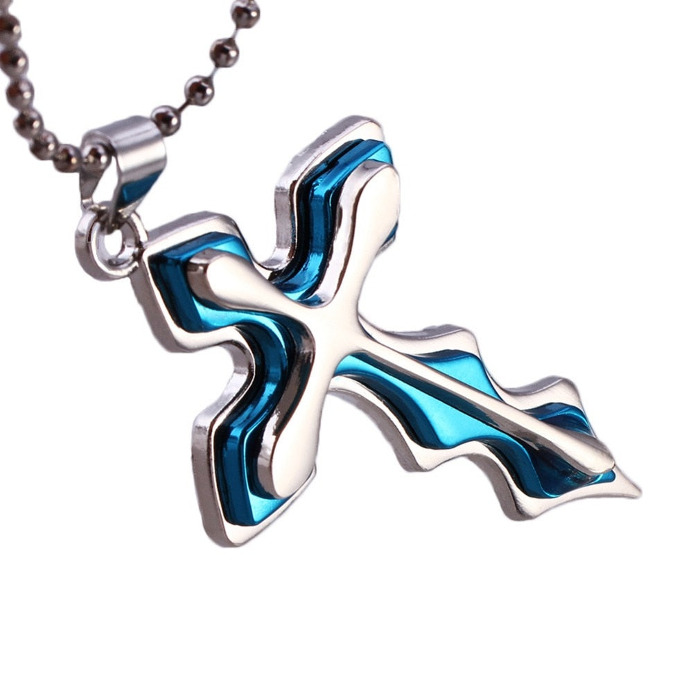 New Punk Style Rock Unix Men's Co Blue Biker Wave Cross Pendant Stainless Steel Necklace Accessories