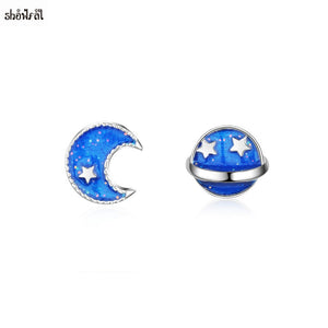 New Romantic Small Star Planet Asymmetric Stud Earrings Women Party Girlfriend Gift Simple Cute Blue Enamel Earrings Bijoux 2018