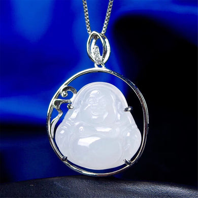New S925 Certificate Sterling Silver Natural Chinese Hetian White Jade Buddha Pendant Necklace