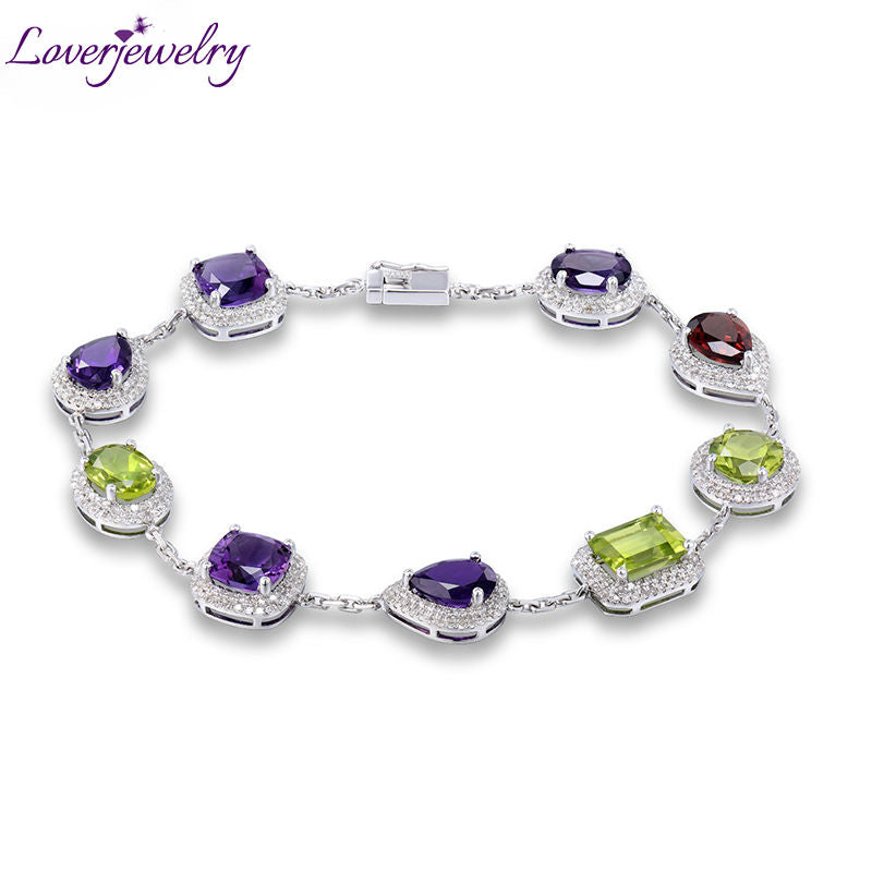 New Solid 14kt White Gold Natural Purple Amethyst Peridot Garnet Bracelet for Women Christmas Gemstone Luxury Jewelry NA0014A