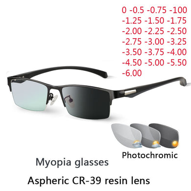 Sun Pochromic Myopia Eyeglasses Optical Men student Finished Myopia Eyewear prescription Glasses Frame Half Rim -1.0 -4.0