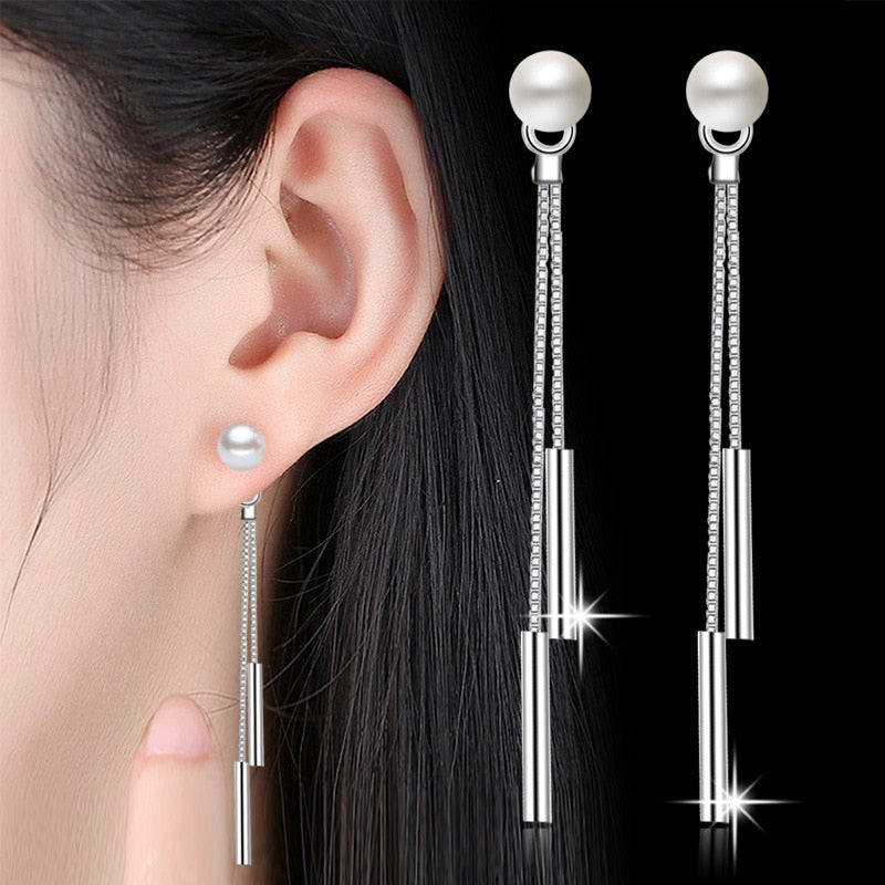 New Trendy Long Earrings For Women Simulated Pearl Drop Earring Silver-color Double Chain Tassel Pendant Earring Accessories