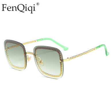 Trendy Square Metal Sunglasses With Chain 2023 Brand Desinger Rivet Small Sun Glasses Oculos Solar Feminino