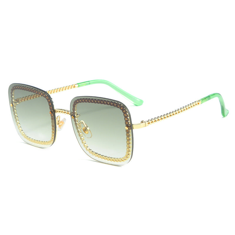Trendy Square Metal Sunglasses With Chain 2023 Brand Desinger Rivet Small Sun Glasses Oculos Solar Feminino