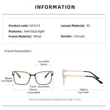 Load image into Gallery viewer, Two-color Alloy Anti Blue Light Spectacle Frames Ladies Personality Cat Eye Myopia Eyeglasses Metal Hollow Temples