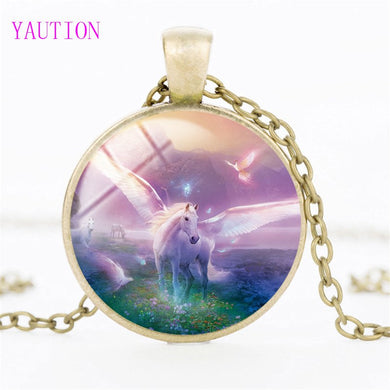New Unicorn and Pegasus Necklace Unicorn Glass Pendant Jewelry Glass Art Cabochon Fantasy Style Art Gift for Girl