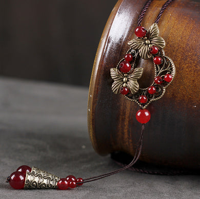New bronze ethnic necklace, fashion butterfly jewelry women vintage necklace, nature stones chalcedony necklace pendants