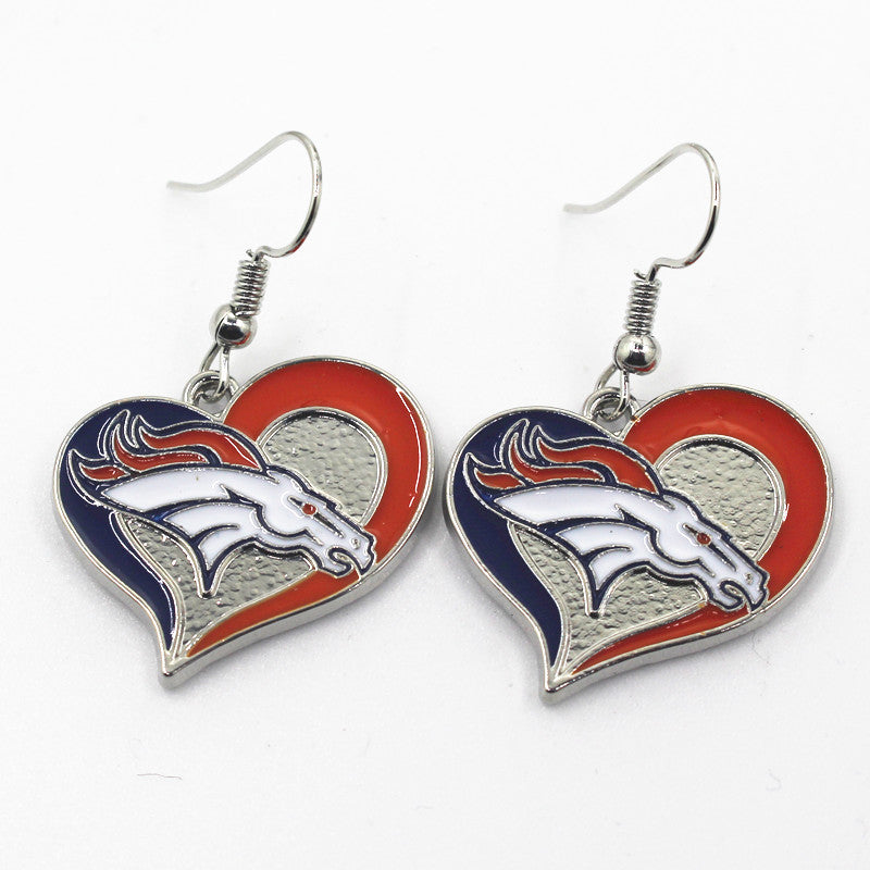 Newest 6 pair/lot USA Team Heart Denver Broncos Football Earring Team Sports Long ear hook Drop Earrings for Women Fans