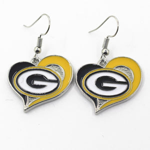 Newest 6 pair/lot USA Team Heart Green B Packers Football Earring Team Sports Long ear hook Drop Earrings for Women Fans