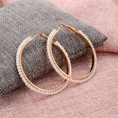 Newest Women Big Statement Stud Earrings Fashion Alloy Round Loop Hoop Big Circle simulated Pearl Filled Earrings