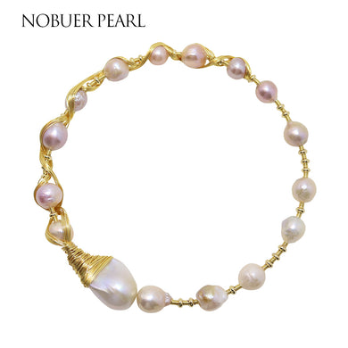 Nob 14KGF Torques Link Chain Necklace White And Pink Baroque Pearl Necklace For Women Adjustable Size Trendy Handmade Jewelry