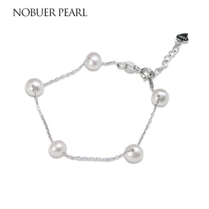 Nob S925 Silver Handmade Natural Pearl Bracelets Bangles 5 White Pearls Adjustable Size Bracelets Fine Jewelry