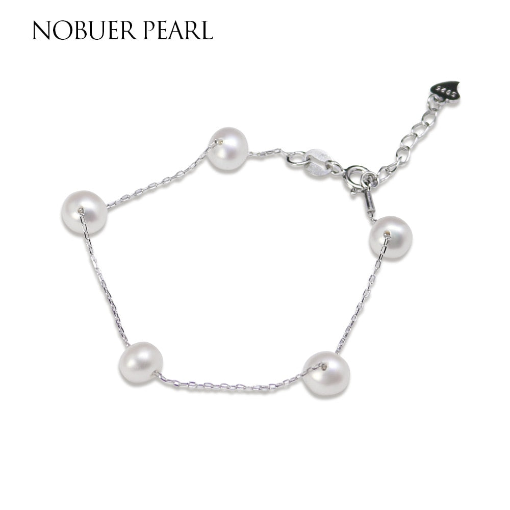 Nob S925 Silver Handmade Natural Pearl Bracelets Bangles 5 White Pearls Adjustable Size Bracelets Fine Jewelry