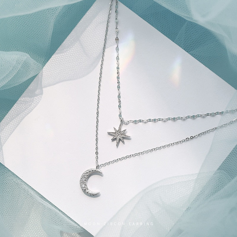 Fashion Silver Plated  Moon and Star Double Layer Chain Link Pendant Necklaces for Women Fine Jewelry