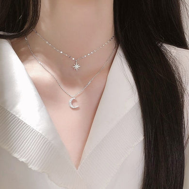 Fashion Silver Plated  Moon and Star Double Layer Chain Link Pendant Necklaces for Women Fine Jewelry