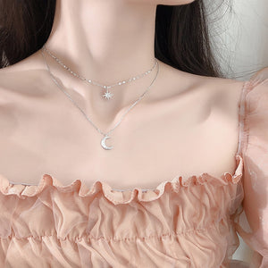 Fashion Silver Plated  Moon and Star Double Layer Chain Link Pendant Necklaces for Women Fine Jewelry