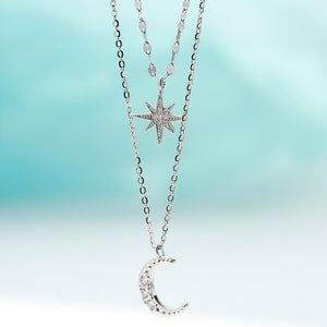 Fashion Silver Plated  Moon and Star Double Layer Chain Link Pendant Necklaces for Women Fine Jewelry