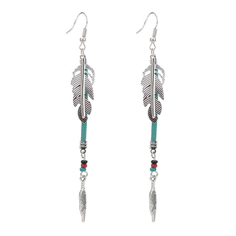 Fashion Bohemian Earrings Women Retro Thai Silver Feather Earrings For Women Long Spike Ethnic Eardrop