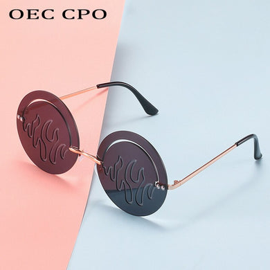 OEC CPO Rimless Sunglasses Women Vintage Round Hollow Sunglasses Men Personality Frameless Flame Glasses Shades Oculos