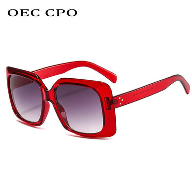 OEC CPO Oversize Square Sunglasses For Women Plastic Frame Clear Red Women Sun Glasses Men Vintage Rivet Eyewear Female