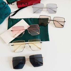 OEC CPO Oversized Square Sunglasses Women Transparent Shades Sunglasses Men Flat Top Alloy Eyewear UV400 Gafas de sol