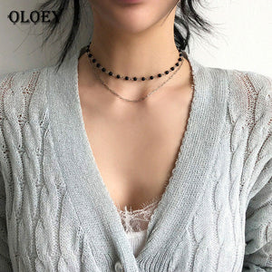 Black Agate Necklace for Women Ladies 100% Real Sterling Silver Double Layers Choker Necklaces Fine Jewelry Gifts YMN079