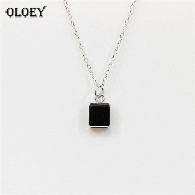 CHIC Square Black Agate Necklaces & Pendants Real 925 Sterling Silver Chain Fine Jewelry For Women Gift Wholesale YMN068