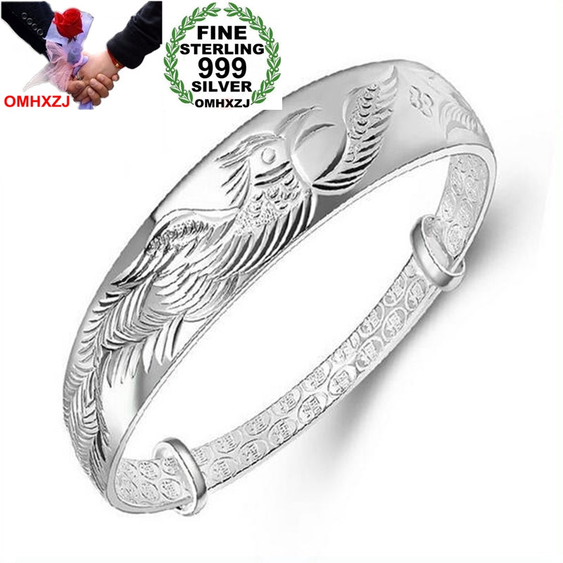 Wholesale Ethnic Fashion Elegant Woman Child Gift Phoenix Push Pull 999 Sterling Silver Bracelet Bangle Adjustable SZ72