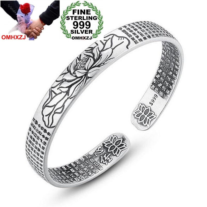 Wholesale Ethnic For Man Woman Child Gift Lotus Heart Sutra 999 Sterling Silver Thai Silver Bracelet Open Adjustable SZ51