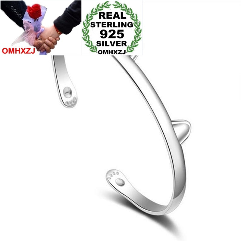 Wholesale Fashion Lovely Woman Child Party Gift Cat Ears Animal 925 Sterling Silver Bracelet Bangle Open Adjustable SZ65