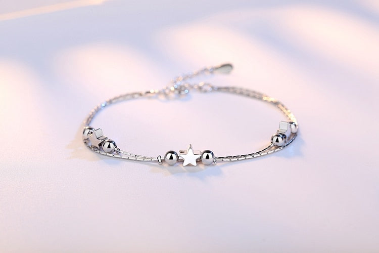 Wholesale Sweet Fashion Lovely Woman Girl Wedding Gift Heart Star Ball Beads 925 Sterling Silver Bracelet Bangle SZ111