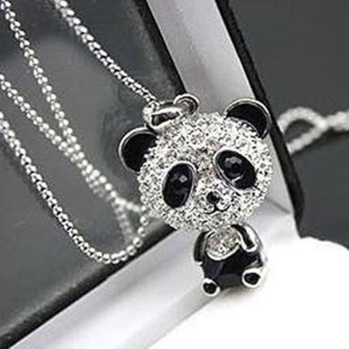 Classical Women's Rhinestone Moving Head Panda Pendant Sweater Chain Necklace