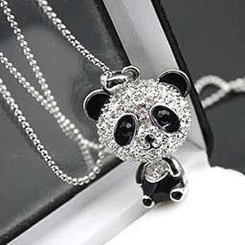 Classical Women's Rhinestone Moving Head Panda Pendant Sweater Chain Necklace