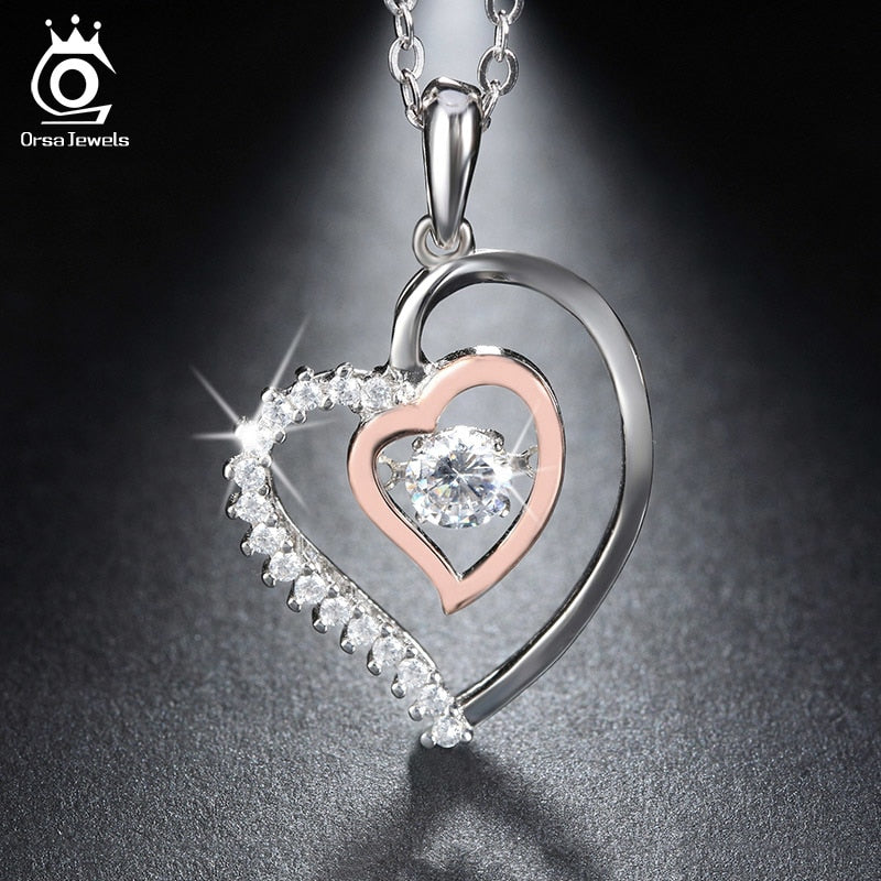 Genuine 925 Silver Double Heart Pendant Necklace with 0.3 ct Crystal Rhodium mixed Rose Gold Color Necklaces SN15