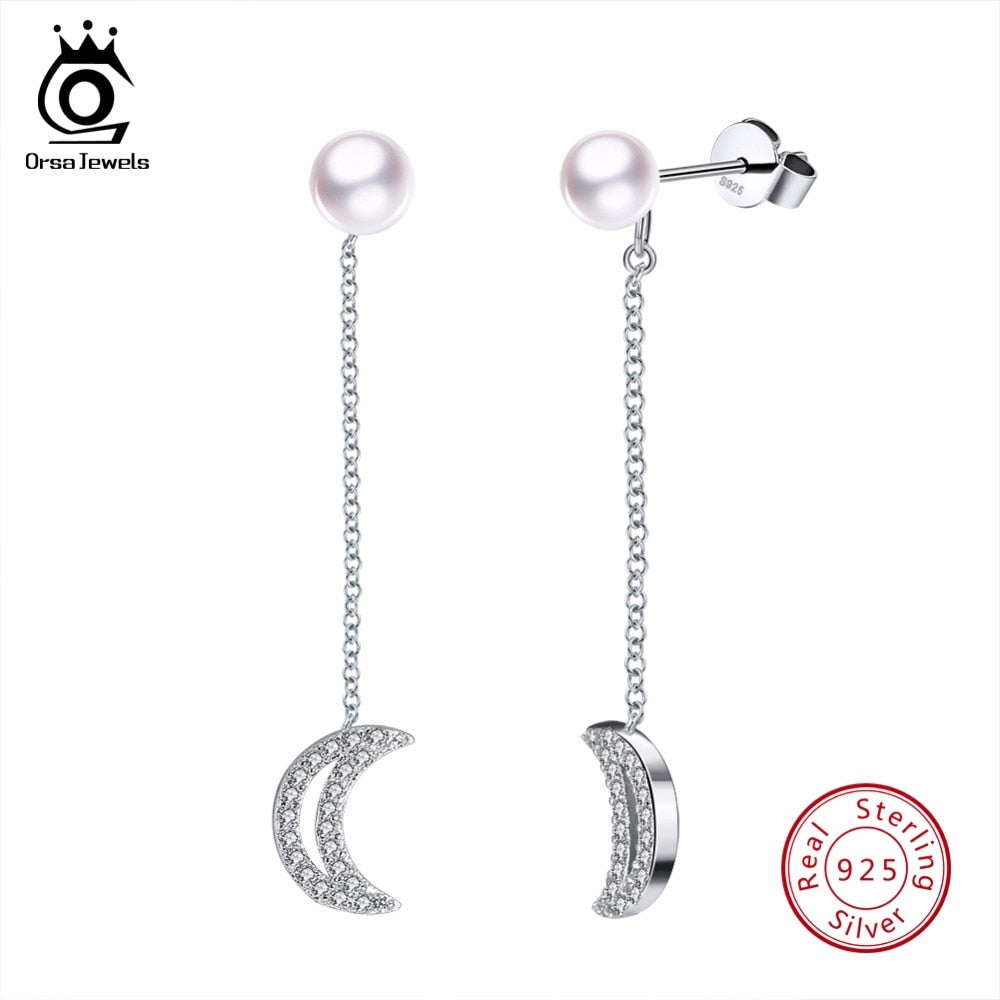 Solid 925 Silver Women Earrings Cultured Pearl With Moon Long Earring Fine Jewelry Wedding Party Accessories SE63