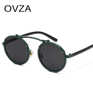 OVZA Round Steampunk Sunglasses Men Gothic Glasses Women Pink Reflective Lens Metal Frame S004