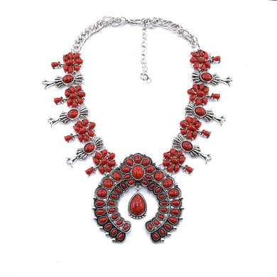 Blue Red Black Stone Squash Blossom Necklace, Vintage Silver Bohemian Costume Jewelry Necklace