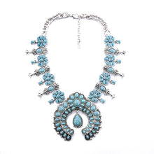 Load image into Gallery viewer, Blue Red Black Stone Squash Blossom Necklace, Vintage Silver Bohemian Costume Jewelry Necklace