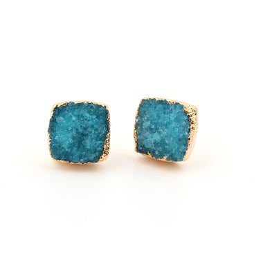 1pair Fashion Blue Natural Stone Druzy Stud Earrings Gold Color Square Drusy Earing For Women Jewelry Brincos 2018 DE14