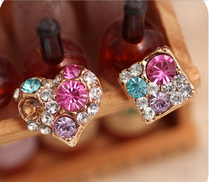On Sale Promotion Multicolored Rhinestone Square Crystal Gem Lovely Heart Asymmetrical Stud Earrings E169