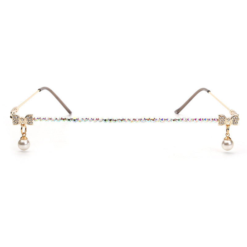 One Piece Diamond Eyeglasses Frames Women Pearl Half Frames Sunglasses  Rhinestone Glasses Shades Decoration