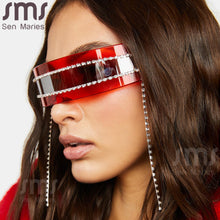 Load image into Gallery viewer, One Piece MirrorSunglasses Women Rectangle Rhinestone Tassel Sun Glasses Men UV400 Punk Shades Shiny Diamond Eyewear