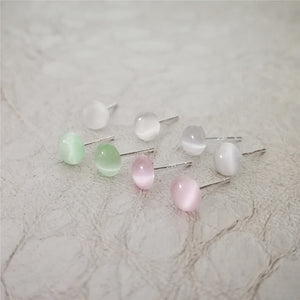 Opal S925 Pure Sterling Silver Stud Earrings for Women Round Shape Pink Green White Natural Stone Earrings Fashion Jewelry