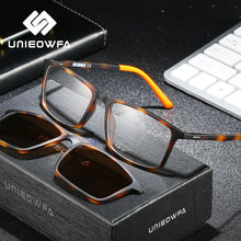 Load image into Gallery viewer, Optical Myopia Eyeglasses Frame Men Rectangle Prescription Glasses Frame Male Leopard ULTEM Polarized Magnet Clip On Sunglasses