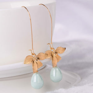 Orchid Flower Simulated Green Pearl Hook Dangle Earring Women's Fashion Bohemian Style Gold Color Dangle Ear Piercing Jewelry